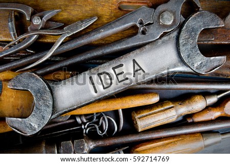 Photo of various tools and instruments with IDEA letters imprinted on a clear wrench surface
