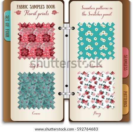 Illustration of fabric samples book. Open notebook. Set of four seamless floral patterns