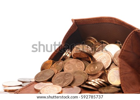 Leather wallet with a lot of euro cent coins on white background