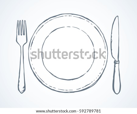 Old clean diner steel tool ware object set isolated on light backdrop. Freehand outline ink hand drawn picture logo sketch in art doodle retro style pen on paper. Close-up top view with space for text Royalty-Free Stock Photo #592789781