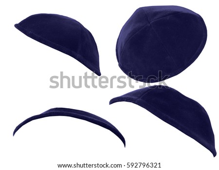 blue kippa is a small hat worn by Jewish. Royalty-Free Stock Photo #592796321