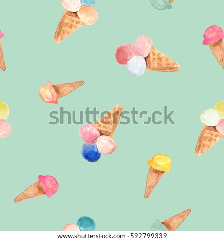 Ice cream cone pattern, hand drawn watercolor sketch