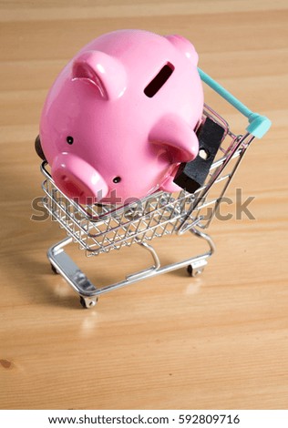 Piggy bank on a miniature shopping cart