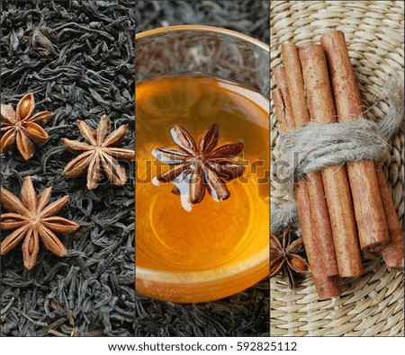 collage, black tea.
cup of tea, anise, cinnamon