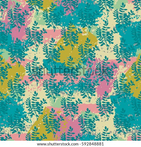 Colorful floral grunge seamless pattern with abstract hand drawn brush strokes and paint splashes, lines, branches. Messy infinity texture, modern grungy background. Vector illustration.