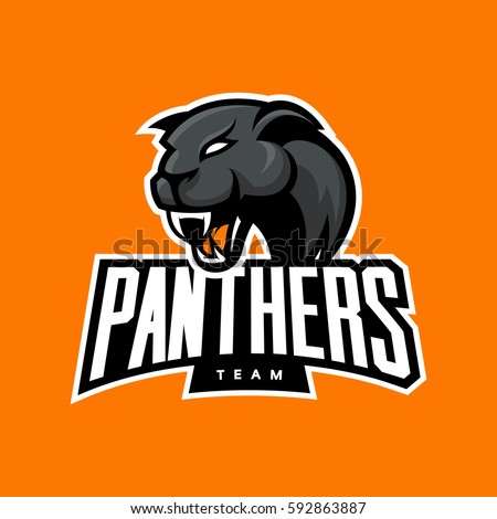 Furious panther sport vector logo concept isolated on orange background. Professional team badge design. Premium quality wild animal t-shirt tee print illustration.