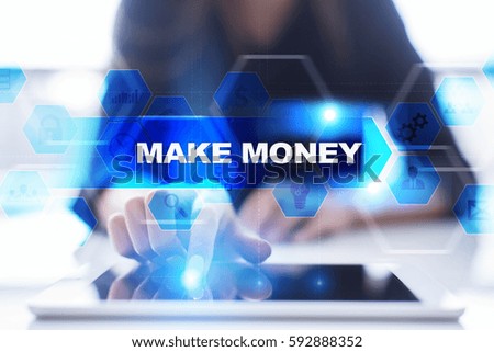 Woman using tablet pc, pressing on virtual screen and selecting make money.