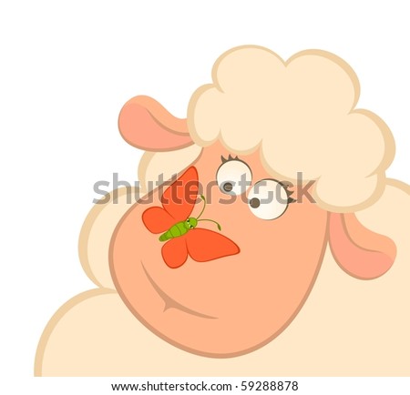cartoon smiling sheep with butterfly