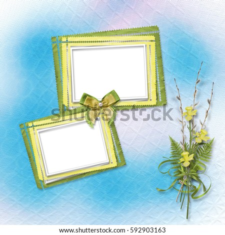 Bouquet of soft twigs of willow and narcissus on  beautiful abstract blue background