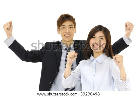 Portrait of smiling mature business man and woman gesturing a thumbs up together