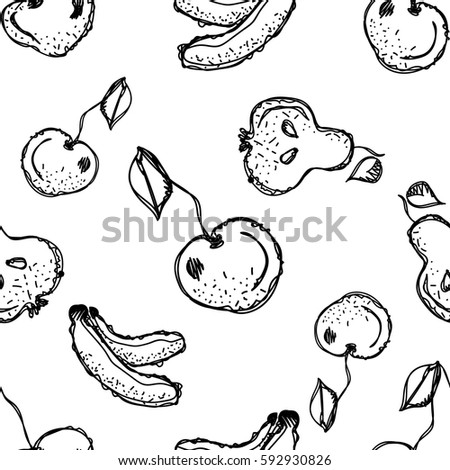 Seamless raster pattern. Hand drawn black and white fruits illustration of banana, cherry, pear on the white background. Line drawing,