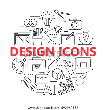 Graphic design icons, vector symbols. Printing and graphic design icons in thin outlines.