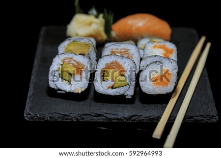 Variety of fresh sushi - very delicious Japanese food