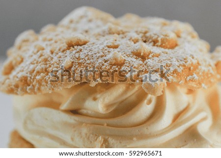 Close up shot of pastries - crumb cake filled with cream