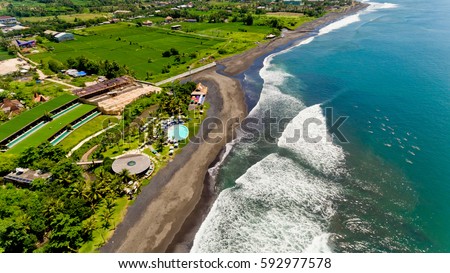 Aerial view of  Beach of Keramas. Keramas surfing beach Bali, Indonesia.