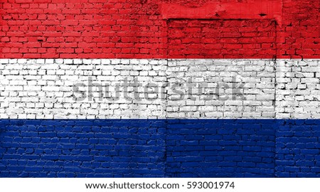 Netherlands flag on brick wall with bricked door