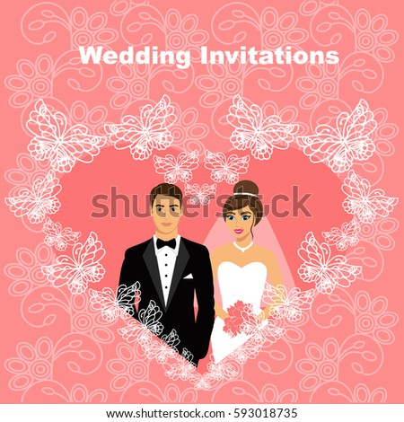 Bride and groom. Wedding card with the newlyweds in the heart of butterflies, on the background with ornament. Wedding invitation. Vector illustration.
