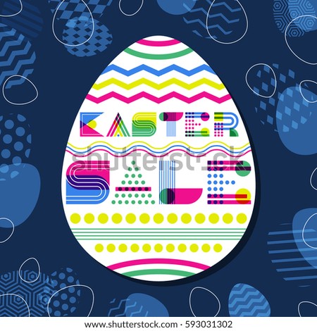Easter sale vector banner design template. Geometric lettering in egg shape and Easter eggs on blue background. Modern layout for holiday shopping, discount labels, flyers, gift voucher.