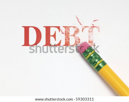 Close up of a yellow pencil erasing the word, 'debt' in red. Royalty-Free Stock Photo #59303311