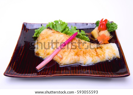 Gindara Teriyaki , Grilled Cod fish with soy sauce , isolated on white background (with Clipping Path)