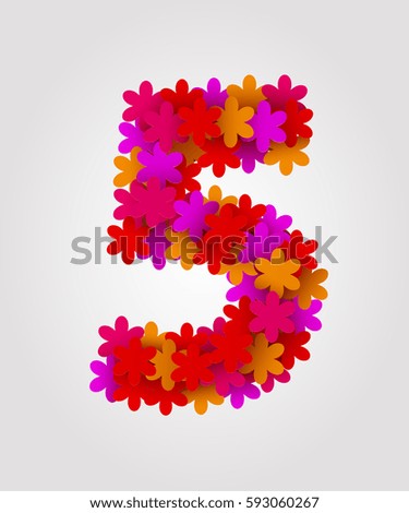 Floral numbers. Colorful flowers. Vector illustration. Number 5