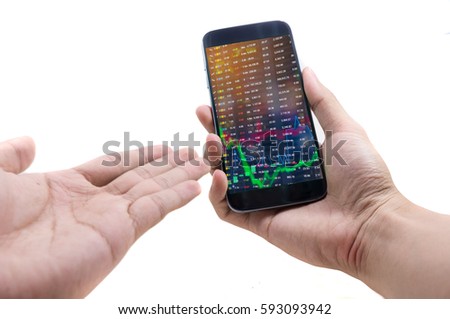 Male hand holding cell phone on white background with Male hand holding cell phone on white background with Statistic of stock and finance analysis display, mockup template using phone check stock.
