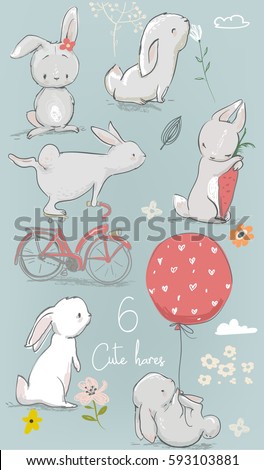 6 cute cartoon hares