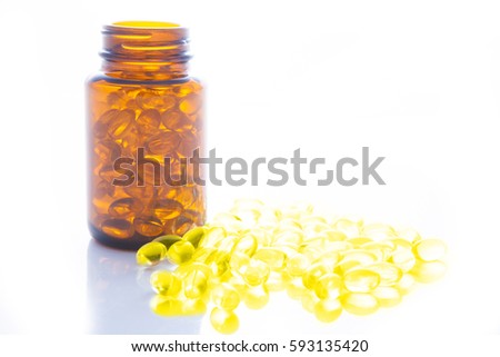 Fish oil, soft capsule, omega, supplement and bottle isolated on white background,healthy product concept with copy space