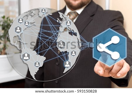 The businessman clicks a button web icon share business communication network of the user group.
