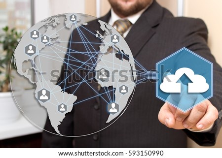 Businessman presses the button web sign upload cloud connection icon on the touch screen in the web network.