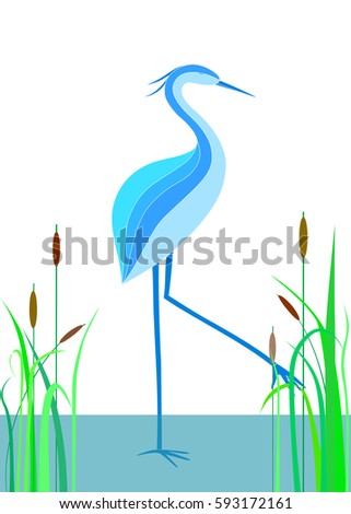 Blue heron in the water and reeds. Stylized vector illustration. Beautiful bird on a light background