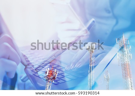 double exposure of business woman using smart phone in the background with masts and notebook background, concepts of communication technology and networks