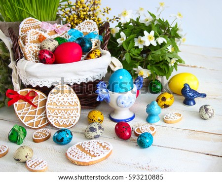 Easter holiday composition with cookies and eggs