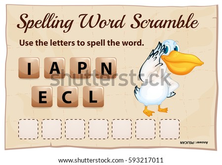 Spelling word game with word pelican illustration