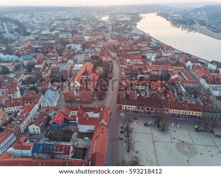 Aerial image of Kaunas old town, sunrise