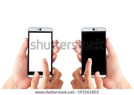 Hand male holding and touch smartphone, blank screen isolated on white background