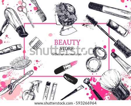 Cosmetics and beauty background with make up artist and hairdressing objects: lipstick, cream, brush. With place for your text .Template Vector. Royalty-Free Stock Photo #593266964