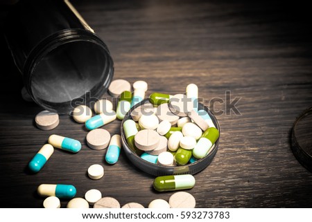 different Tablets pills capsule heap mix therapy drugs.