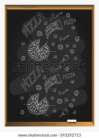Hot fresh pizza on blackboard background. icon food. Pizza icon. label or sticker pizzeria italian bakery. vector illustration.
