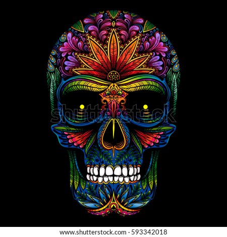 Vector Color Tattoo Skull on Black Background