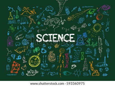Hand sketched science elements on a virtual blackboard. Editable Clip Art.