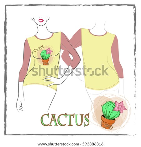 Vector illustration of women's sweaters with sticker  cactus. Views front and rear