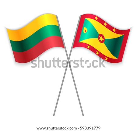 Lithuanian and Grenadian crossed flags. Lithuania combined with Grenada isolated on white. Language learning, international business or travel concept.