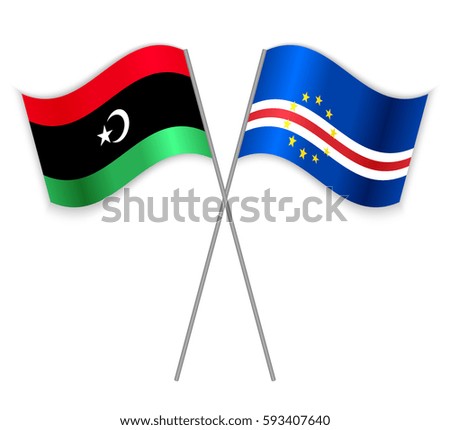 Libyan and Cabo Verdean crossed flags. Libya combined with Cape Verde isolated on white. Language learning, international business or travel concept.