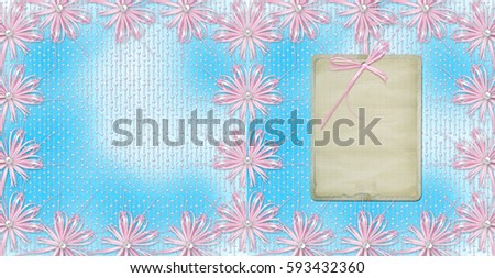 Blue card for invitation or congratulation with pink bow and ribbons