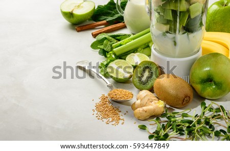 Prepared ingredients for smoothies rich in vitamins and minerals is very useful for health and a healthy lifestyle Royalty-Free Stock Photo #593447849