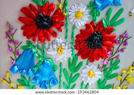 picture embroidered ribbons, red and white wildflowers