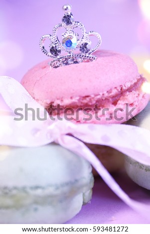 French macaroons with crown, Spring background, Present for Mothers Day, 8 March, Teacher Day, Valentines Day, Birthday