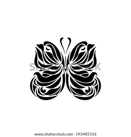 Black logotype of butterfly isolated on white background. Vector illustration in abstract style