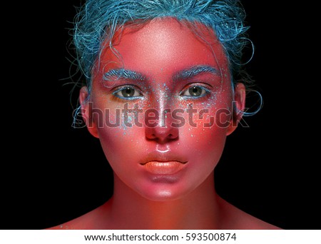 Body art woman face, fantasy makeup.